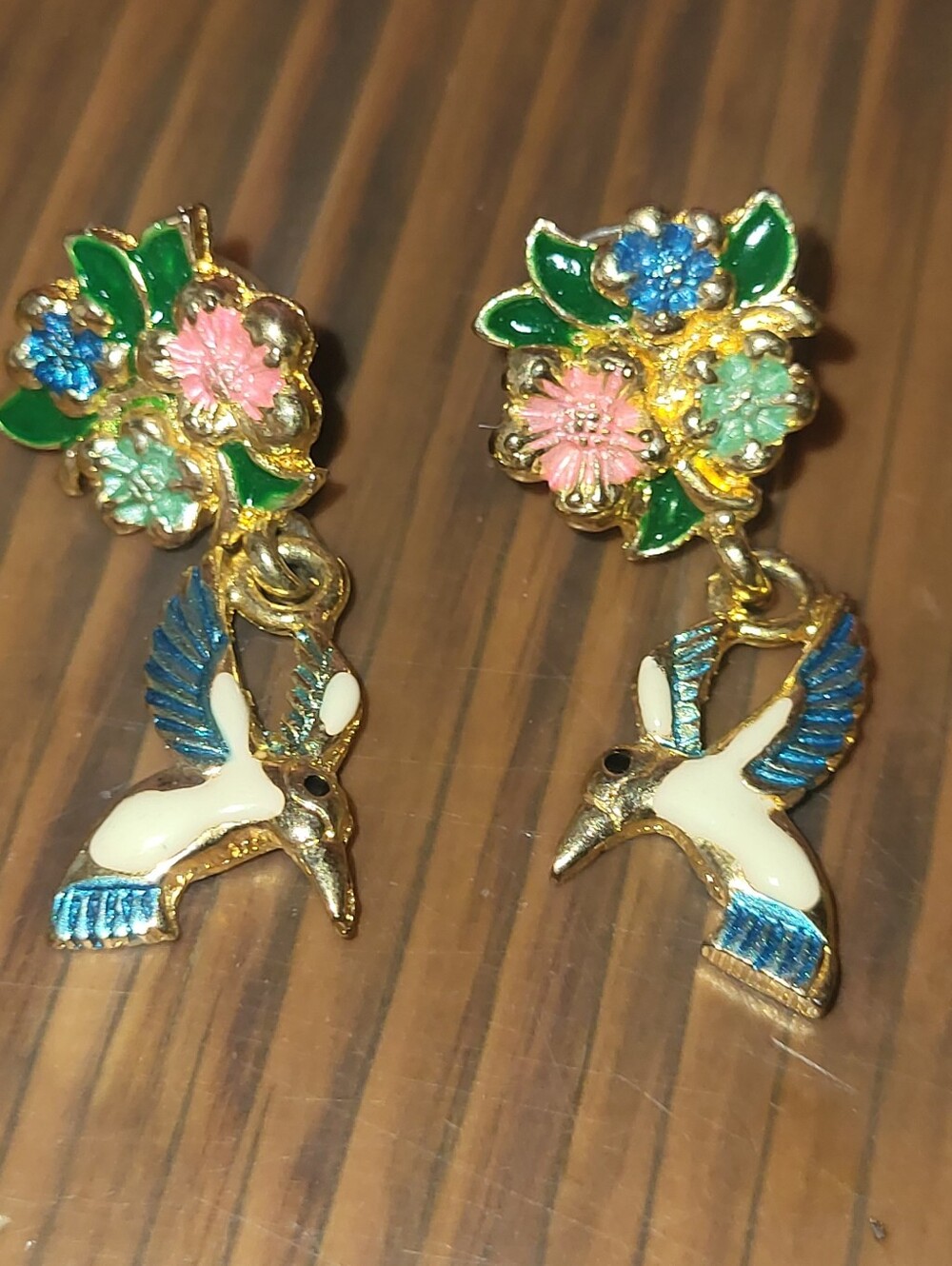 Vintage Enamel Hummingbird Dangle Earrings Flower Studs